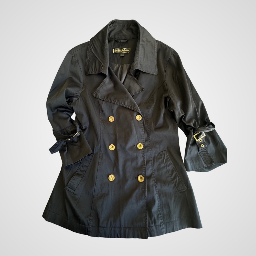 Y2K SouthPole Collection Womens Black Double Breasted Trench Coat Gold Buttons M